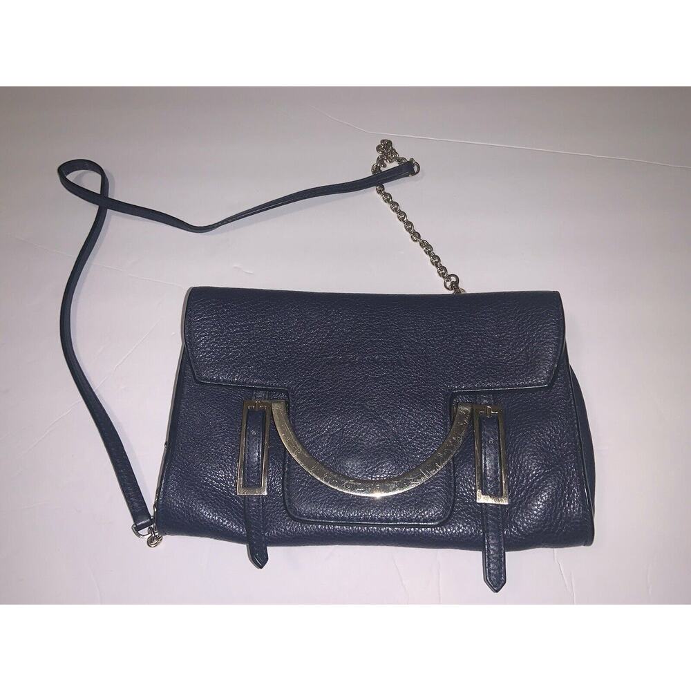 COCCINELLE Blue Pebbled Leather Gold Hardware Crossbody Flap Bag - Picture 2 of 7